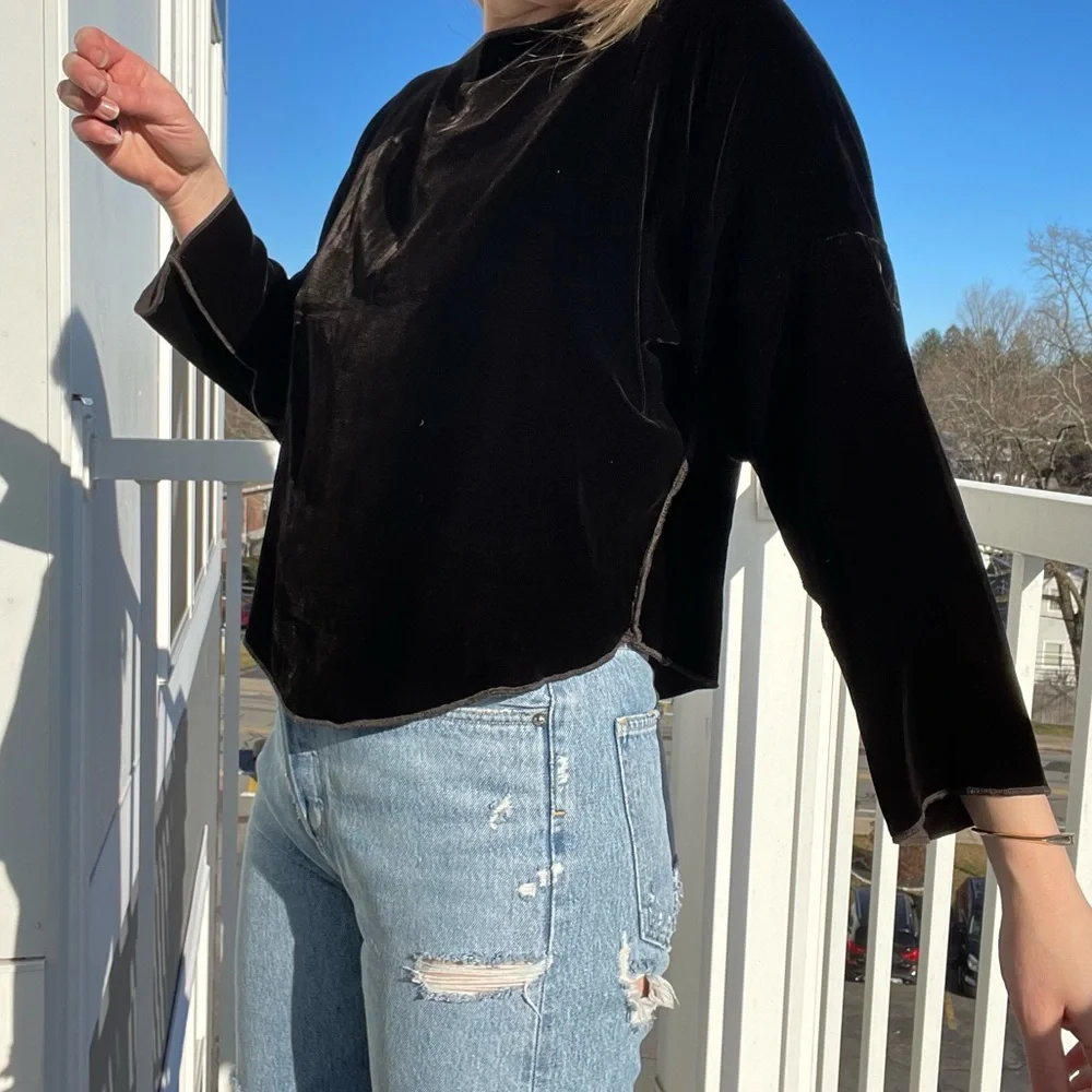 Zoran Velvet Top Vintage Silk Chocolate Brown Dolman Sleeve Boatneck Blouse - Picture 5 of 9